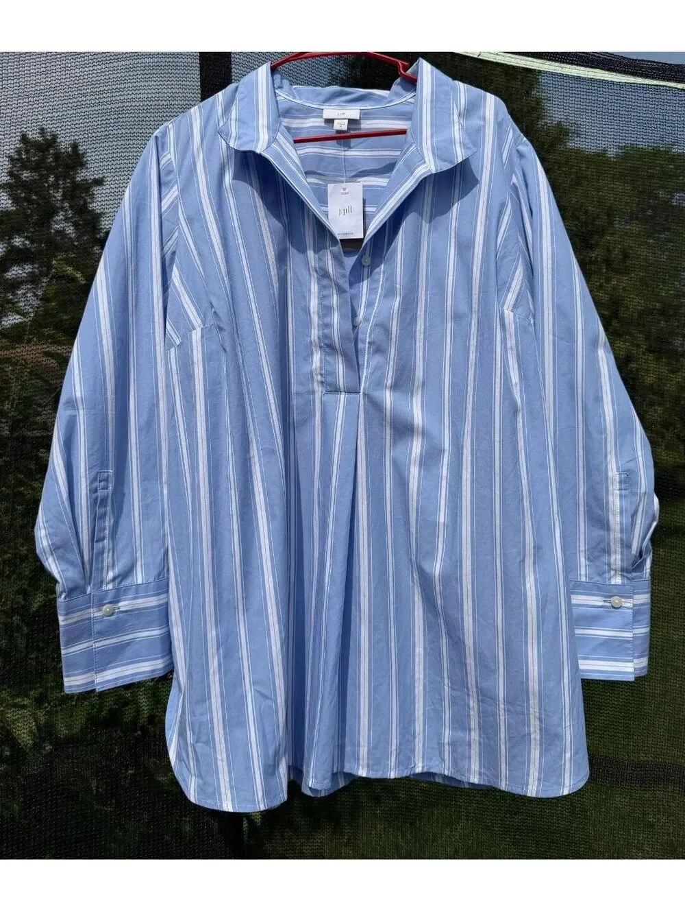 J.Jill Women's XL Blue White Striped 100% Cotton Popover Tunic Long Sleeve - Picture 2 of 7
